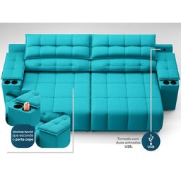 Sofá com Porta Copos Carregador USB Ret Rec Samurai 2,50m Velosuede Turquesa - NETSOFAS - 2