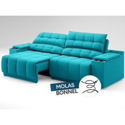 Sofá com Porta Copos Carregador USB Ret Rec Samurai 2,50m Velosuede Turquesa - NETSOFAS - 6