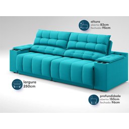 Sofá com Porta Copos Carregador USB Ret Rec Samurai 2,50m Velosuede Turquesa - NETSOFAS - 3