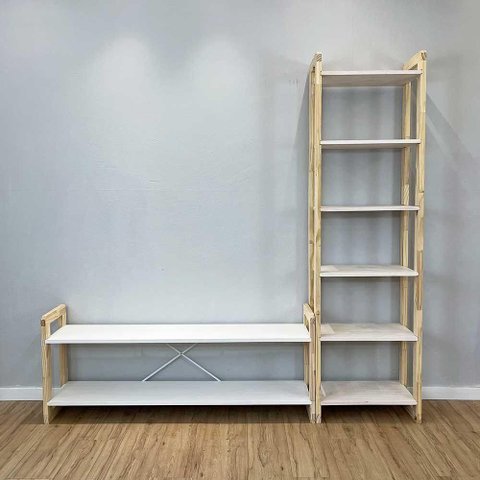 Rack TV Slim Linea 141,5cm Madeira Pinus com Estante Branco e Natural Artfactory Design 6