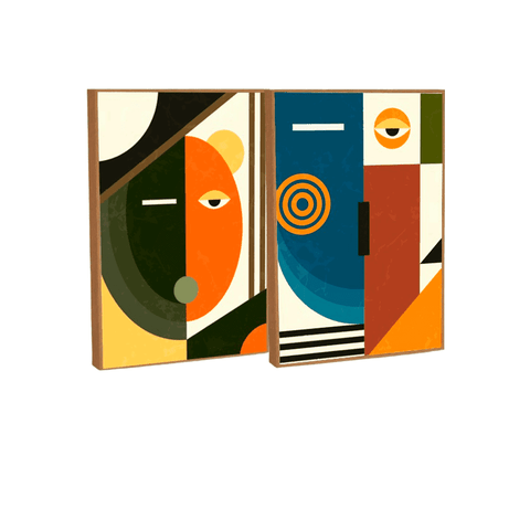 Quadro Decorativo Cubismo Abstrato em 2 Telas com Moldura Filete