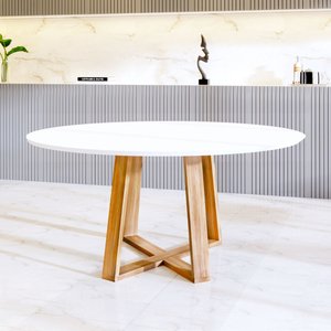 Mesa Eames Eiffel Jantar Livia Tampo Redondo 90cm Pés Madeira Maciça - Branca