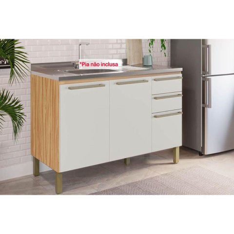 Gabinete de Cozinha Modulado Balcão P/ Pia Nápoli Prime 3 Portas e 2 Gavetas S/tampo 120cm Amendoa