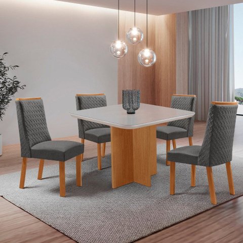 Mesa de Jantar Olímpia 90 cm Tampo MDF Vidro Canto Copo com 4 Cadeiras Carolina