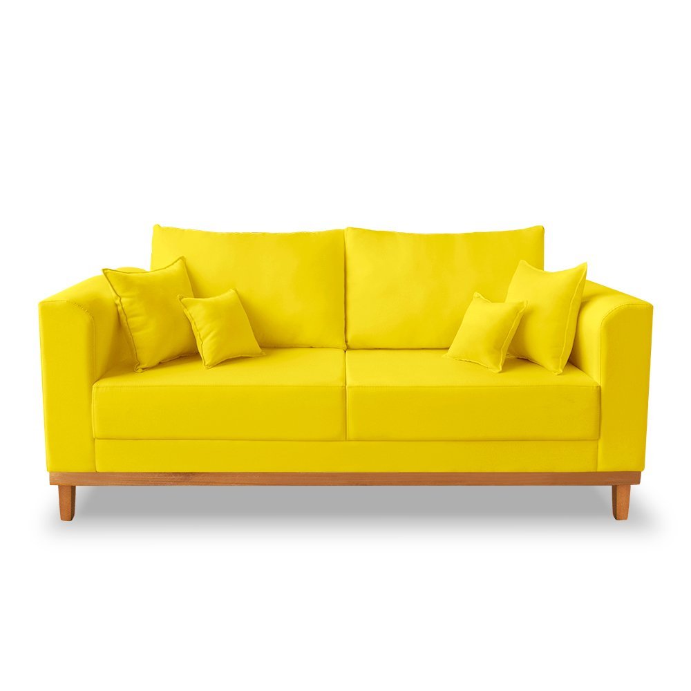 Kit Sofá 3 Lugares e 2 Poltronas Beny Viena Com Almofadas Decorativa Suede Amarelo - Madeira Prima D - 4