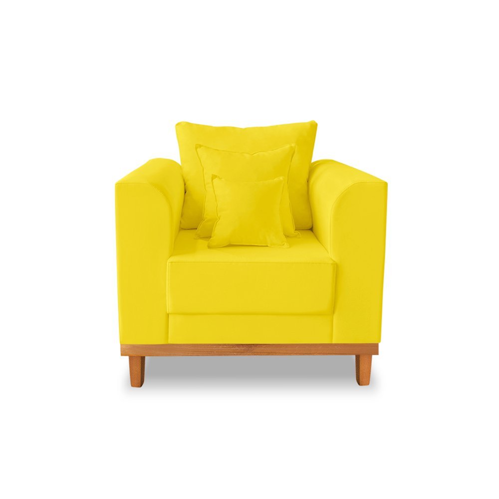 Kit Sofá 3 Lugares e 2 Poltronas Beny Viena Com Almofadas Decorativa Suede Amarelo - Madeira Prima D - 6