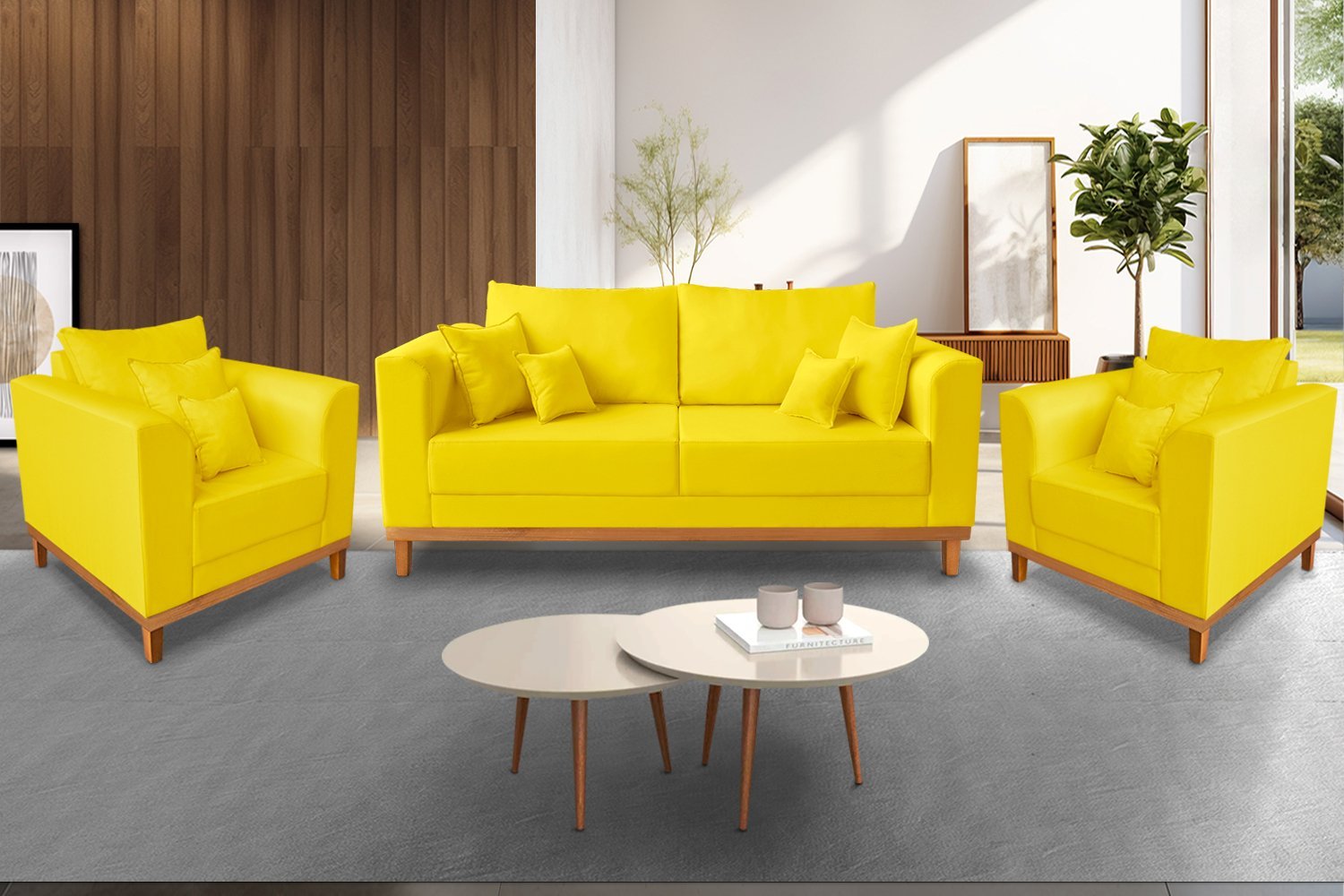 Kit Sofá 3 Lugares e 2 Poltronas Beny Viena Com Almofadas Decorativa Suede Amarelo - Madeira Prima D - 2