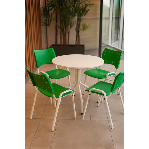 Jogo Mesa Redonda para Restaurante Comércio com 4 Cadeiras Iso Verde Base Branca Ecomhome