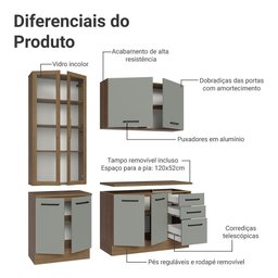 Armário de Cozinha Completa 190cm com Cristaleira Agata Madesa Rustic Cinza - 11