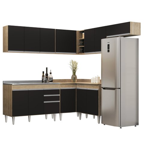 Armário de Cozinha Modulado de Canto 7 Peças Cp21 com Pia Inox Castanho/preto - Lumil Lumil Móveis