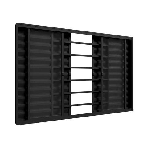 Janela Veneziana 6 Folhas com Grade em Alumínio Preto com Vidro Incolor:1500(L) X 1000(A) X 70