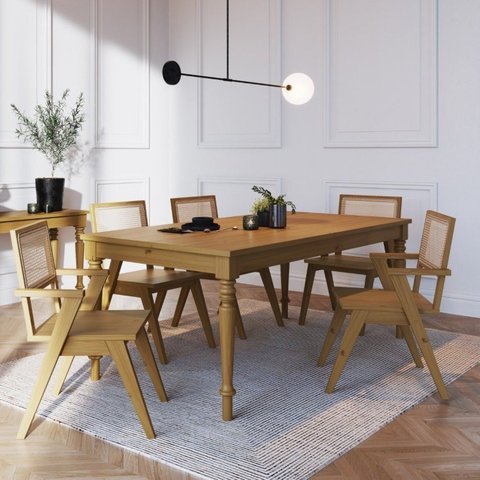 Conjunto Mesa com 6 Cadeiras Madeira Maciça e Telinha Marrom/Mel