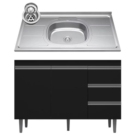Balcão de Cozinha com Pia Inox 100cm 3 Gavetas Andréia Preto - Ajl Móveis