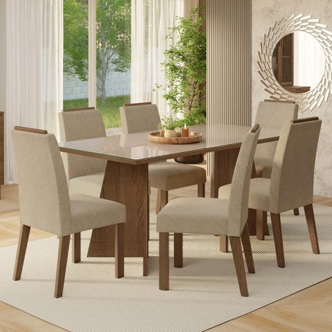Conjunto Sala de Jantar Tampo de Vidro 6 Cadeiras Rustic/crema/imperial Amalfi Madesa