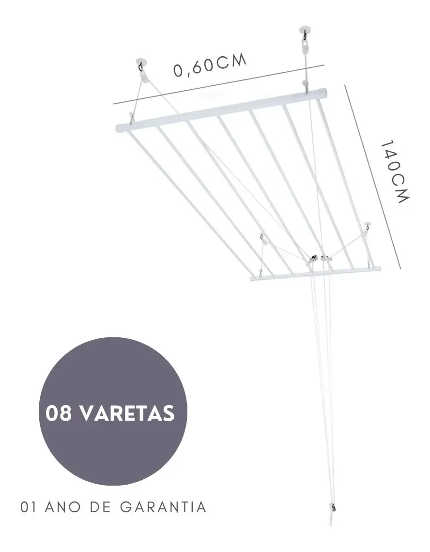 Varal De Teto Tradicional 140cm x 08 Varetas - Em Alumínio Branco - 2