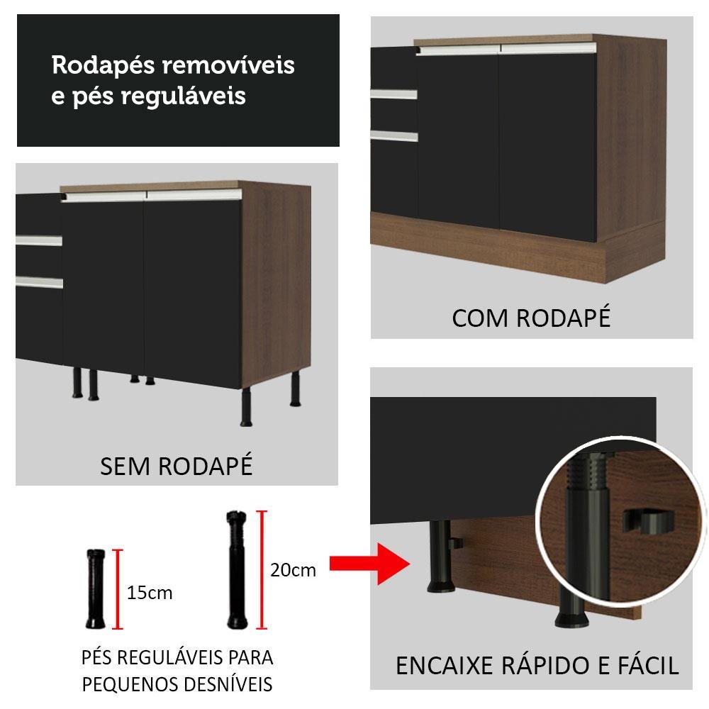 Balcão Gabinete de Pia Armário de Cozinha 120 x 60 cm 1 Porta 2 Gavetas Rustic/Preto (Sem Tampo) Glamy Madesa - 9