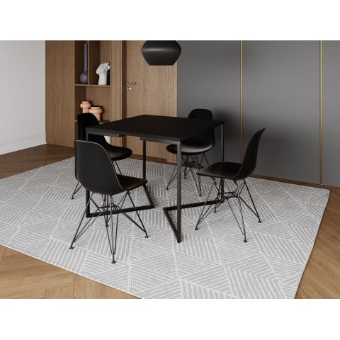 Mesa Industrial Base Ferro Preto em V Tampo 90x90 Preto 4 Cadeiras Eames Ferro Assento Preto