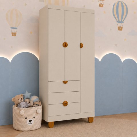 Guarda-Roupa 3 Portas para Quarto de Bebê 100% MDF Apolo