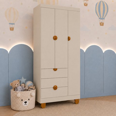 Guarda-Roupa 3 Portas para Quarto de Bebê 100% MDF Apolo
