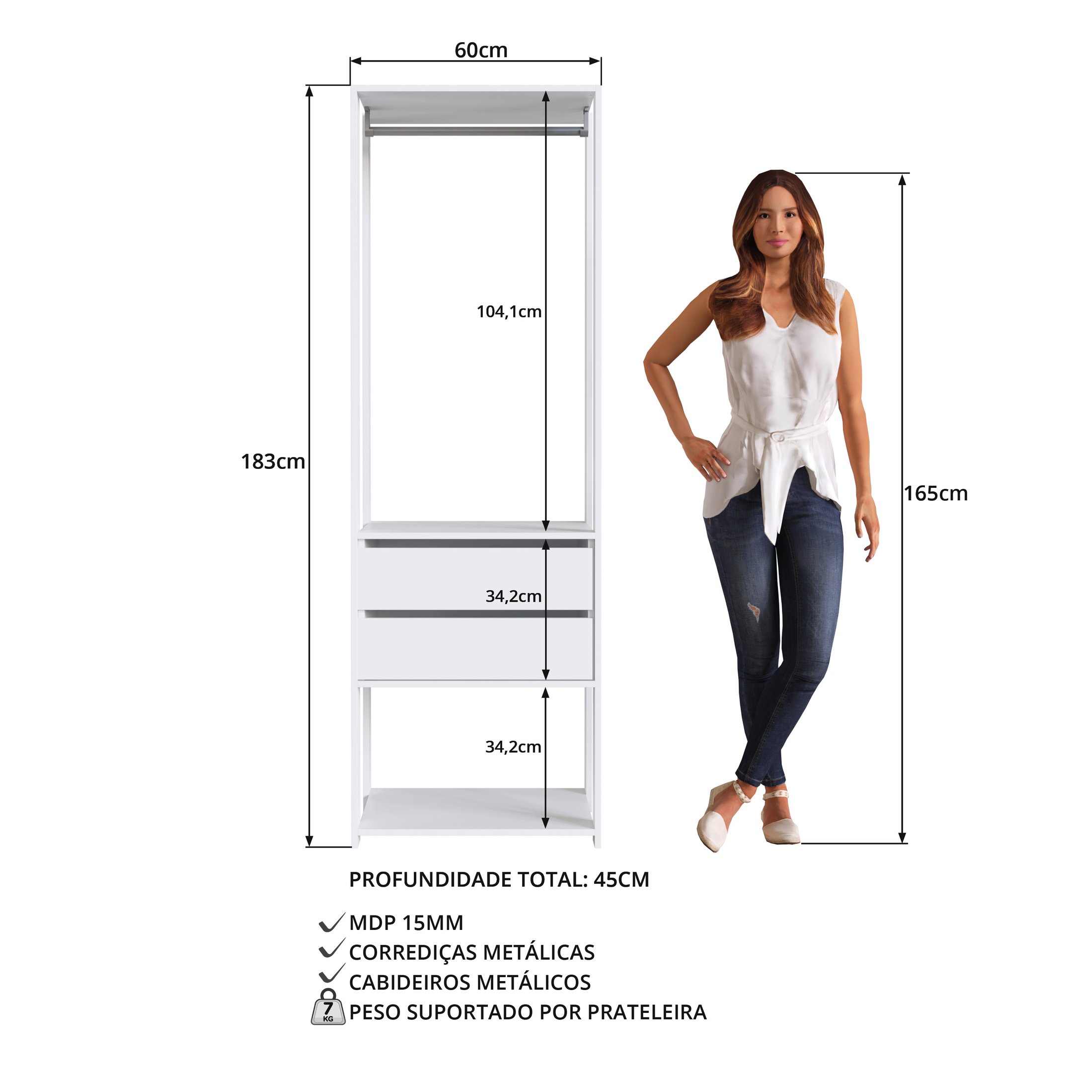 Módulo para Closet com Gavetas e Cabideiro 183x45x60cm - 4
