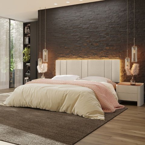 Cabeceira Estofada com Led King Luxo Modulada 200 Boucle Bege