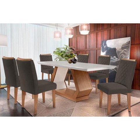 Conjunto: Mesa Sala Jantar Alvorada C/ Tampo Madeirado Canto Reto 180x90cm e 6 Cadeiras Jade Imbuia/