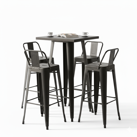 Kit Mesa Bistro Tolix + 4 Banquetas Tolix Alta com Encosto Pretas