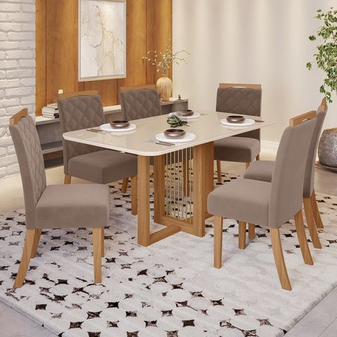 Conjunto Sala de Jantar Tampo MDF/Vidro 6 Cadeiras Marie Espresso Móveis Marrom/Nature/Off White/Amêndoa