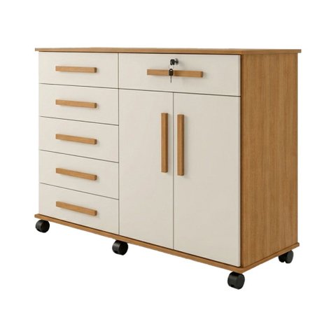 Cômoda Grande com Rodinhas Gran Luxo para Organização Porta Televisão e 6 Gavetas - Nature/off-white
