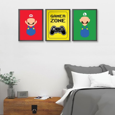 Kit 3 Quadros para Quarto Gamer Zone Coloridos 24x18cm - com Vidro:madeira Branca