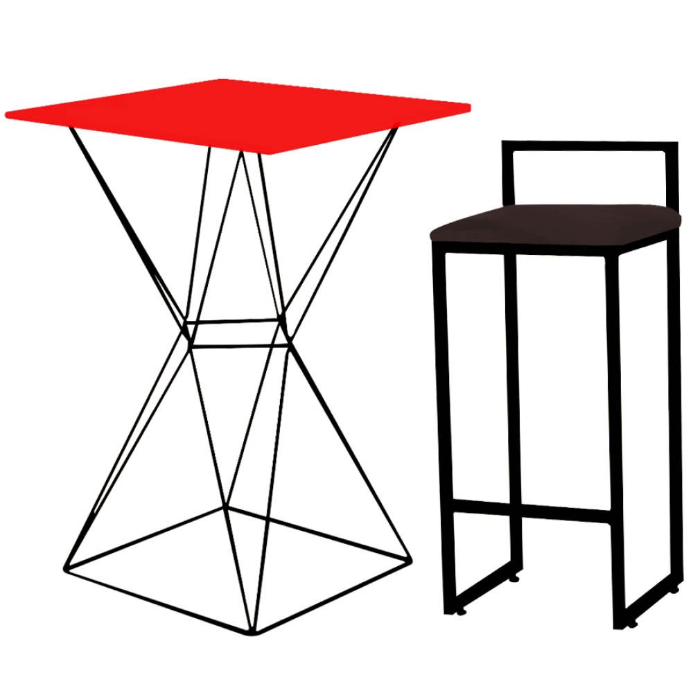 Mesa Bistrô Lucca e Banqueta Alta Lina Bar Balcão Ferro Preto Tampo Vermelho Suede Marrom - - 1