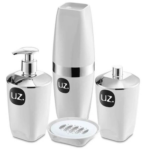 Conjunto Banheiro Saboneteira Líquida Porta Algodão Escova de Dente Sabonete em Barra Uz Branca