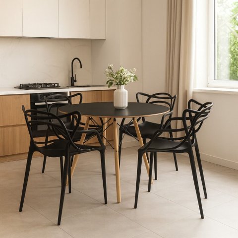 Conjunto Mesa Eames 90cm + 4 Cadeiras Allegra Empilhável Inmetro Sala Cozinha Jantar - La Mobilia