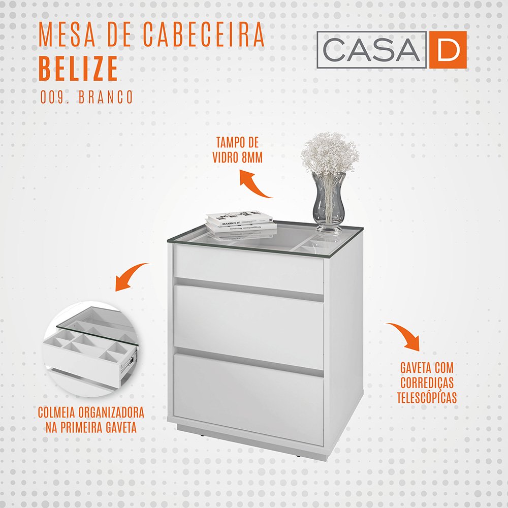 Mesa de Cabeceira Belize com Tampo de Vidro Branco - 5