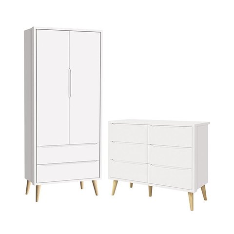 Jogo de Quarto Infantil Theo Guarda Roupa 2 Portas e Cômoda 6 Gavetas Branco Fosco com Pés Madeira N