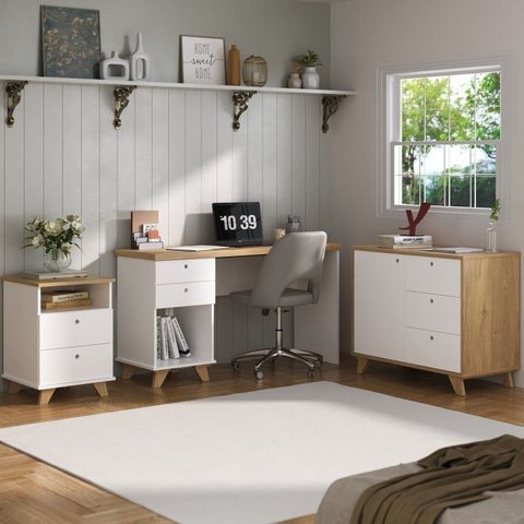 Conjunto 3 Peças com Escrivaninha Sky, Armário Baixo e Gaveteiro Day Olmo Branco