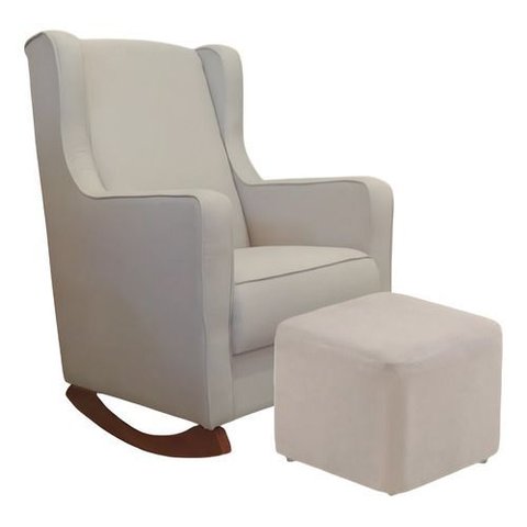 Kit Poltrona Puff Amamentação Encosto Alto Balanço Suede Bege