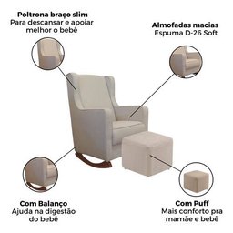 Kit Poltrona Puff Amamentação Encosto Alto Balanço Suede Bege - 3