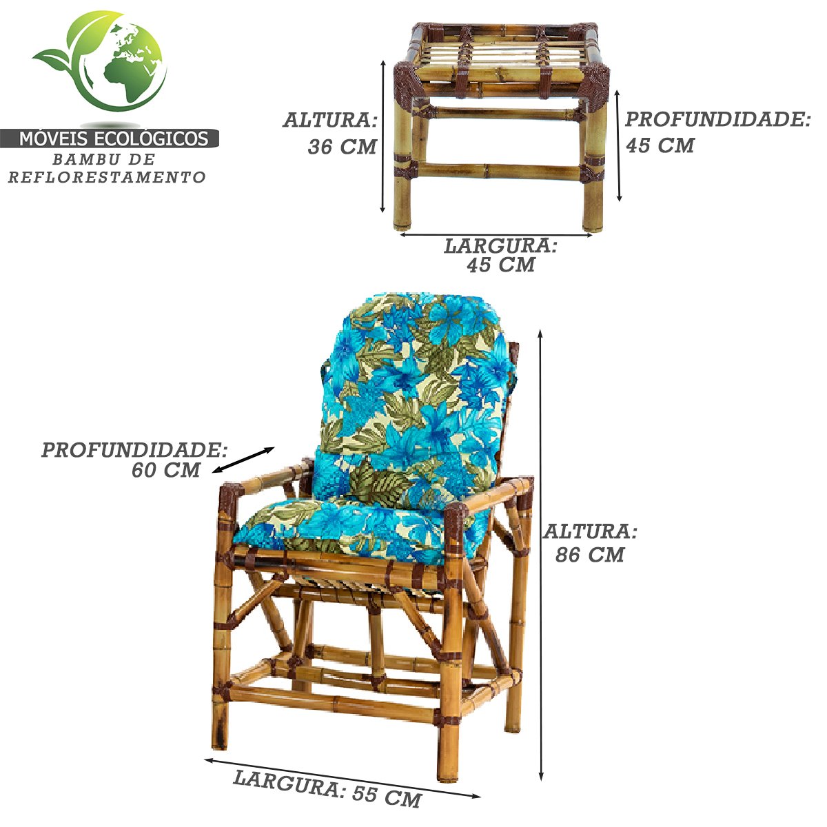 Kit 2 Cadeiras de Bambu + Mesa de Centro Área Interna e Externa Cor Floral T3 - 4
