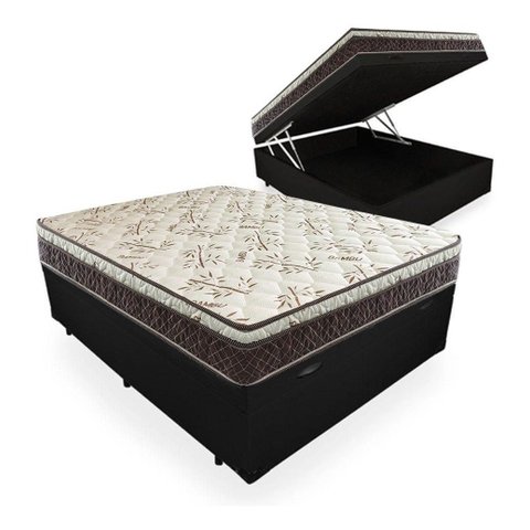 Cama Box Baú Casal Conforto Sintético Preto + Colchão Casal Conforto Espuma D33 Com EPS 16x138x188