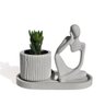Conjunto Decorativo 3 Peças Estátua Pensadora Vaso Contemporâneo e Bandeja Cinza - 1