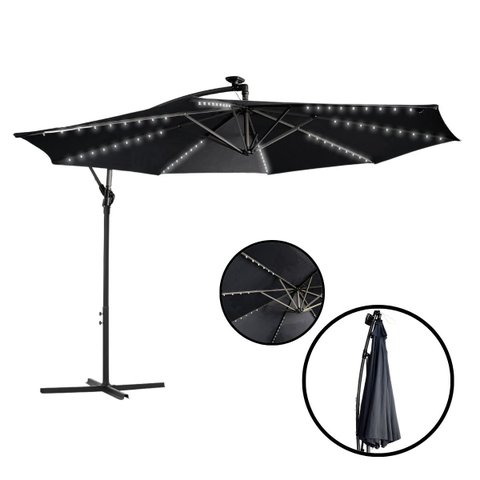 Ombrelone Lateral Suspenso Jardim 3 Metros com Led Alumínio Manivela Preto Importway Iwobll-300 Pt