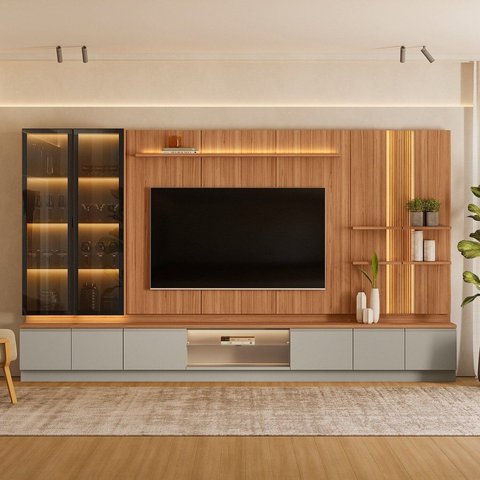Estante para TV Modular com Cristaleira LED 380x220cm para TV até 75 Polegadas Magnum Marrom