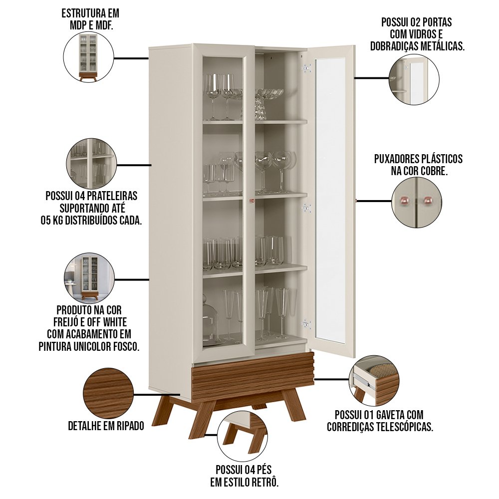 Kit Sala de Jantar Aparador Mason 04 Portas com Cristaleira Geórgia Off White Freijó - Lyam Decor - 6