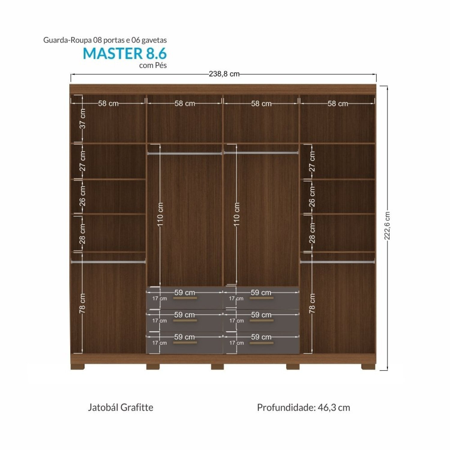 Guarda Roupa Casal 8 Portas 6 Gavetas Master com Espelho e Pés - 5