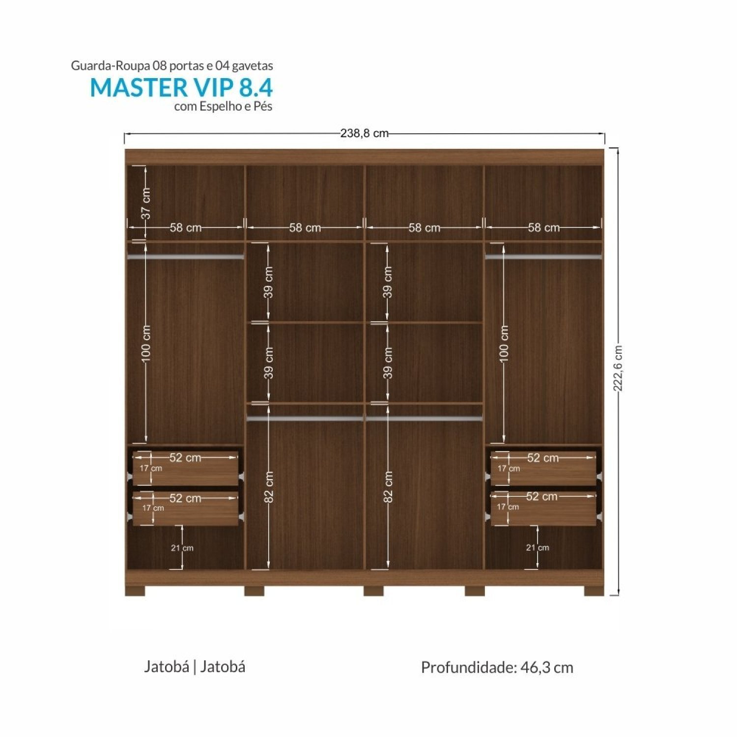 Guarda Roupa Casal 8 Portas 4 Gavetas Master Vip com Espelhos e Pés - 5