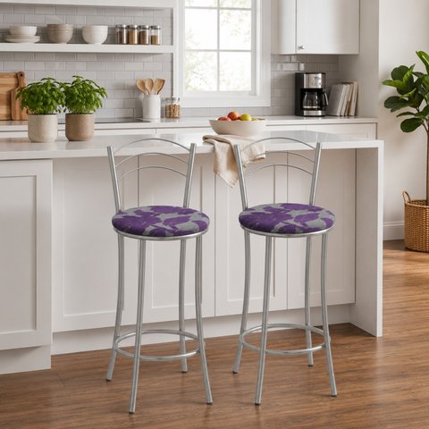 Kit 2 Banquetas Médias Cromadas com Assento Estofado e Encosto para Bancada Cozinha e Área Gourmet Cinza/Cromado/Florido