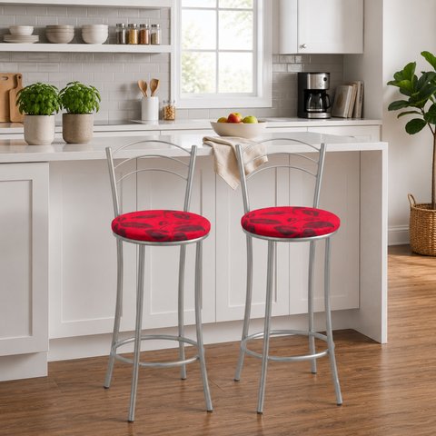 Kit 2 Banquetas Médias Cromadas com Assento Estofado e Encosto para Bancada Cozinha e Área Gourmet Cinza/Cromado/Vermelho