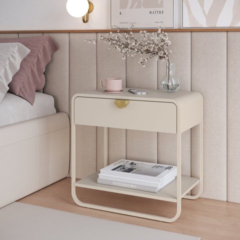Mesa de Cabeceira 60cm 1 Gaveta Orgânica Pé Metal Luna Off White