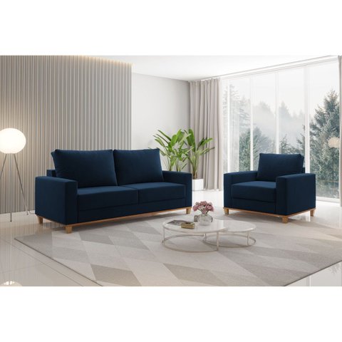 Kit Sofá Living 3 Lugares 1,80m Poltrona Veludo Alpino Azul